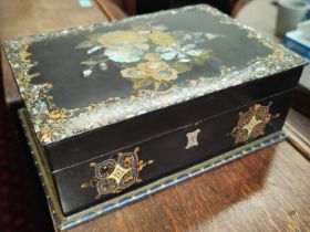 A Victorian Papier Mache sewing/ jewellery box with mother of pearl decoration red interior