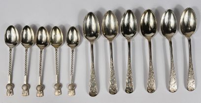 A set of 6 spoons, Sheffield 1901, and a partial set of 5 teaspoons with thistle motif, Birmingham