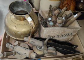 Two  brass blow lamps; a selection of brass beer barrel taps; horse brasses; etc.