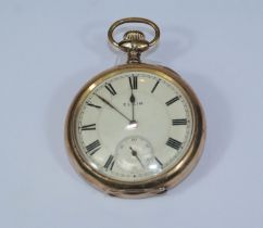 An early 20th century Egin open face keyless pocket watch in gold plated case (ticks for 10-15