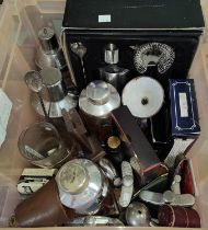 A selection of hip flasks, cocktail shakers other similar items