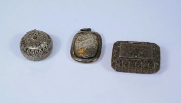 Two Middle Eastern decorative miniature boxes; a small hallmarked silver compact with internal