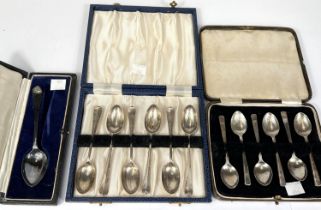 Two cased sets of hallmarked silver coffee spoons, Birmingham 1939 and Birmingham 1955 and a cased