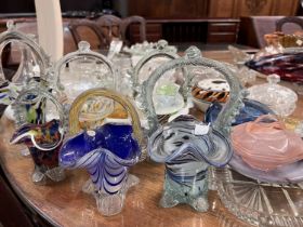 A selection of coloured and other glassware including baskets etc