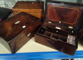 A 19th century inlaid figured mahogany workbox with fitted interior; a 19th century rosewood box; an