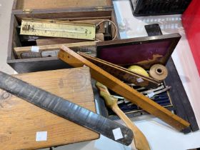 A rosewood cased geometry set, rulers, thermometers; a box of dies etc.
