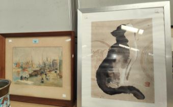 A watercolour of a Venetian scene framed and glazed, a Chinese print of a cat framed and glazed