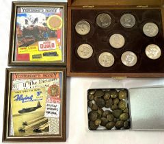 A collection of military buttons; coins; etc.