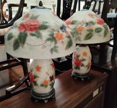 A pair of Galle style glass table lamps with mushroom shades and floral decoration.