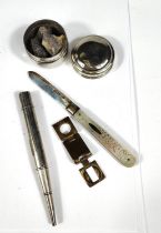 A silver bladed and mother of pearl handled fruit knife, Stirling silver pencil, small thread