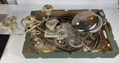 A silver plated gallery tray; other silver plate; a mahogany canteen box; etc.