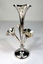 A hallmarked silver 3 flute epergne on weighted base, inscribed, ht. 24cm marks worn