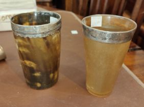 Two hall marked silver rimmed horn drinking cups