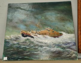 Tim Miller 'Lifeboat in Rough Seas' oil on board, 35 x 40cm, unframed.