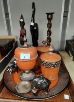 An unusual garniture of 3 lacquered vases; treen; ornaments; etc.