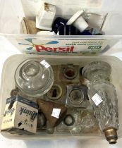 A collection of glass bottle stoppers, inkwells etc.