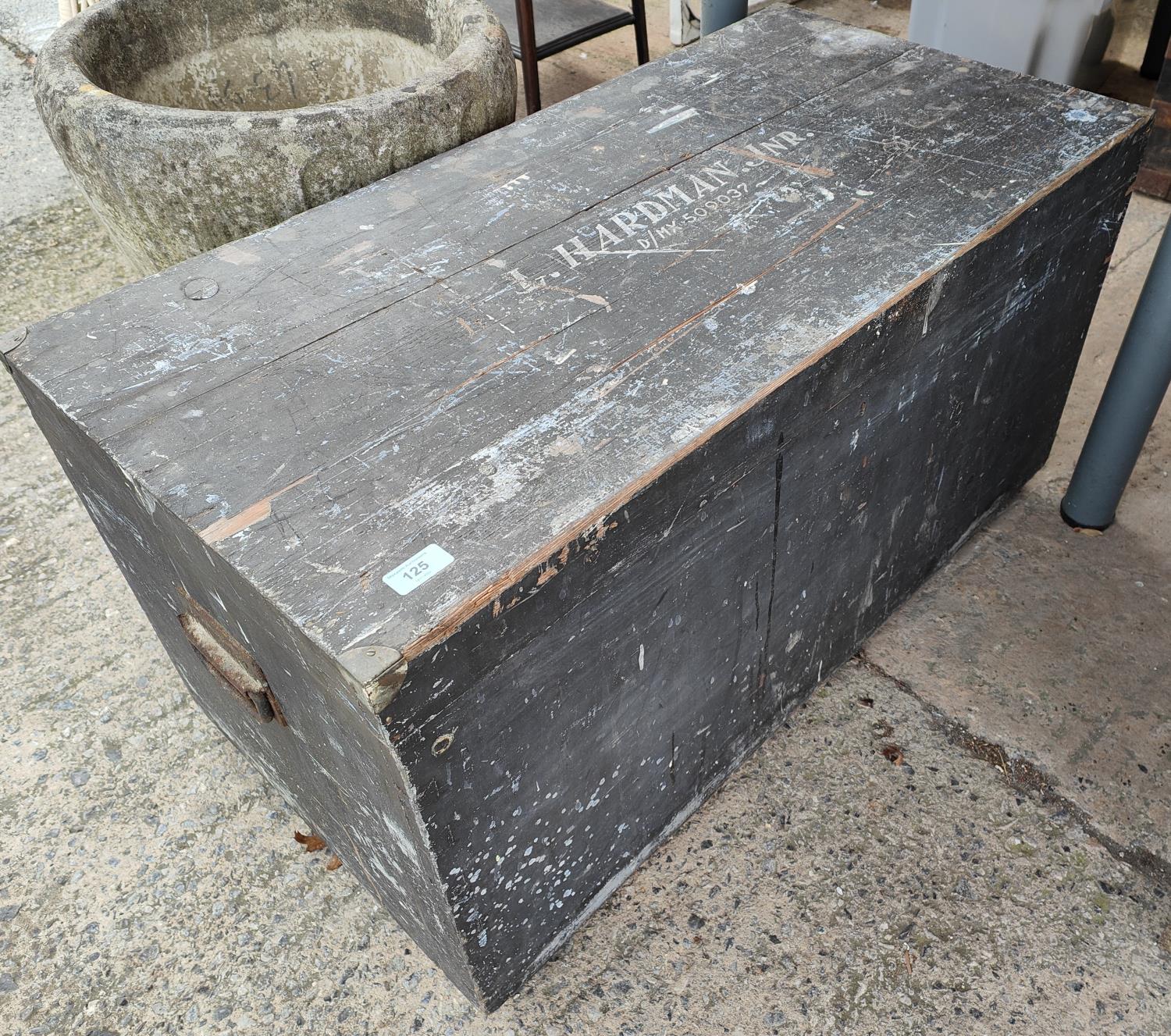 A military style stained pine trunk; a similar smaller trunk and a rough pine box