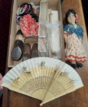 A selection of collectables including dolls, fans, beadwork bags, Childs clogs etc