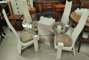 A 1980's McGuire Furniture stylish dining table and four chairs, with limed bamboo twisting square