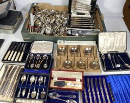 7 originally boxed sets of silver plated cutlery including fish service, teaspoons, tea knives,