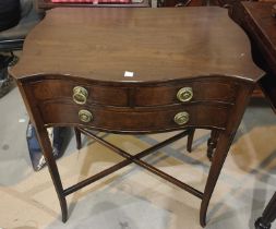 A mahogany 3 drawer occasional table with shaped top, on turned splay legs