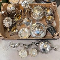A selection of silver plate including 2 Victorian tea sets, muffin dish, biscuit barrel, claret