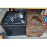 A metal deed box and trunk; 2 old tea chests, stoneware jars etc