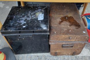 A metal deed box and trunk; 2 old tea chests, stoneware jars etc