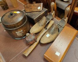 A selection of carved treen, biscuit barrels etc