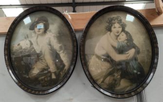 A pair of Victorian oval convex prints on glass; an oval wall mirror in a simulated rosewood frame.