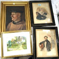 2 watercolour portraits of a Victorian lady and gentleman; a half length oil depicting a man in