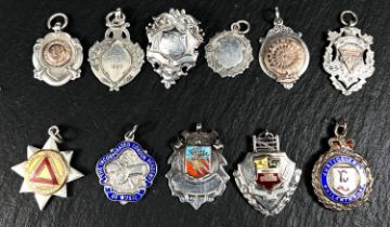 SILVER FOBS: 5 Vintage silver and enamel fobs, 69gm; SILVER FOBS: 6 vintage silver fobs, 44gms