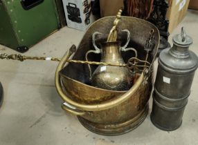 A brass coal scuttle and metalware