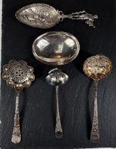 A pierced and embossed Georgian silver sifter ladle, Liverpool 1797; 3 other ladles and a modern