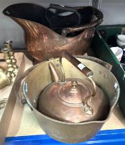 A 19th century copper coal helmet; a 19th century copper kettle and jam pan; a silver plated tray