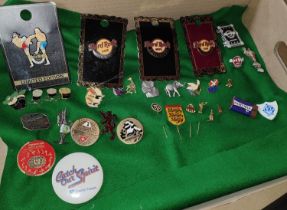 A selection of Hard Rock Cafe badges including limited edition; a vintage 3 dimensional Blue Peter