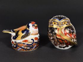 Two Royal Crown Derby birds:  owl, length 10cm & goldfinch on nest, length 9cm