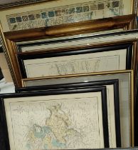 A collection of framed and glazed old maps including "Westmorland", "Cheshire", "The Mediterranean",