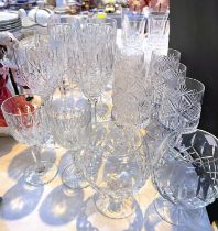 A set of 6 Stuart Crystal red wine glasses; a selection of cut drinking glasses and glassware