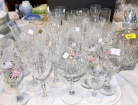 A crystal decanter; "ice bark" tumblers; other drinking glasses