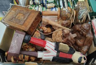 A collection of carved wooden items etc, early 20th century lamp etc