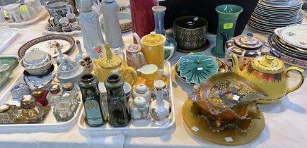 A selection of decorative china and glassware:  teapots; majolica; inkwells; carnival glass; etc.