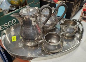 A 4 piece plannished "English Pewter" tea set and tray