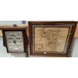 A 1930's oak cased aneroid barometer; a period style map of Derbyshire framed and glazed
