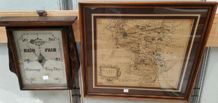 A 1930's oak cased aneroid barometer; a period style map of Derbyshire framed and glazed