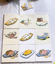 Ten 1950's 6" tiles, "Kitchen Series" designed by Alfred Burgess Read, on Carter blanks, depicting