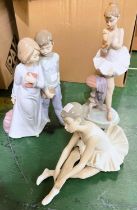 A Lladro figure:  ballerina with flower; 2 Nao figures:  boy & girl with books & a ballerina