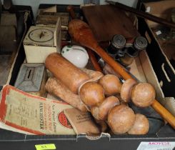A selection of miscellaneous vintage money boxes, skittles etc.