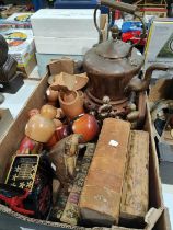 A selection of trophies and decorative items inc. a copper kettle and oriental vase stand