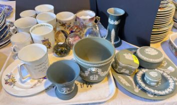 A selection of Wedgwood green jasperware; glass paperweights; royal commemorative ware; etc.